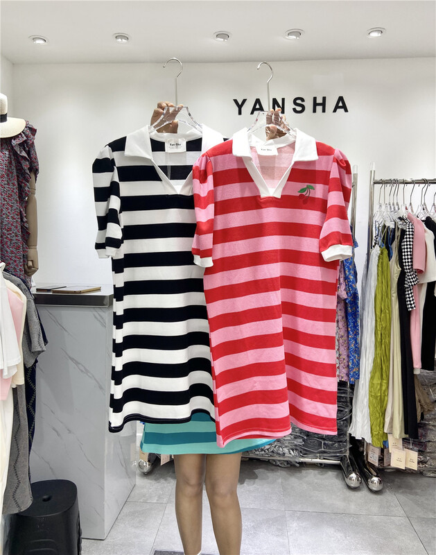 goods in stock! New in early summer! [Yan Sha] striped Korean polo collar dress 151# CLS