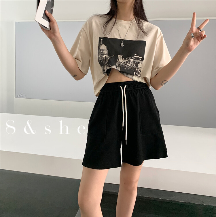 [S & she] simple elastic waist lace up slim casual shorts 1152a# XJ