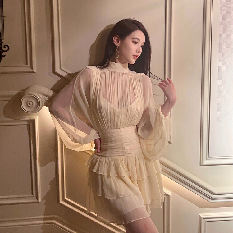 [pepper] gentle fairy mesh long sleeve fake two pieces of pure desire dress 1300# Cl