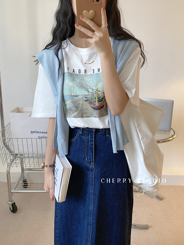 New year in early spring! [cherry studio] lettered print age reducing loose retro short sleeve T-shirt 5066\hbx