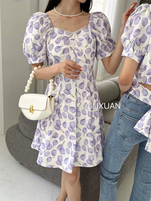 goods in stock! [alixuan] French style waist closing bubble sleeve dress (with hair circle) 6136# zxx