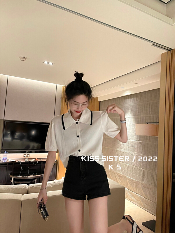 [kiss sister] Lapel button stripe commuter foreign style T-shirt 22m8052# ozq