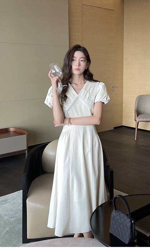 【 bobi 】 French Style Bubble Sleeve waist closing slim dress 8893# hjy