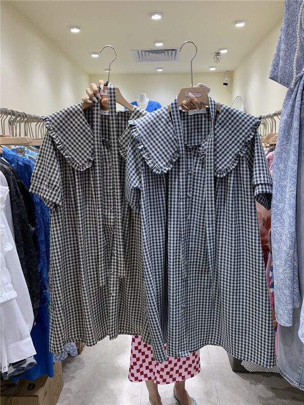 New in early summer! [macaroon] Korean large lapel age reducing Plaid loose dress (with belt) 900# PCZ