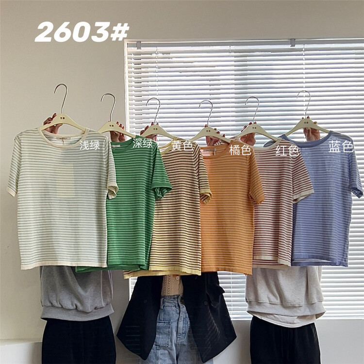 New year in early spring! [imagine sailormoon] crew neck stripe versatile short sleeve T-shirt 2603# L