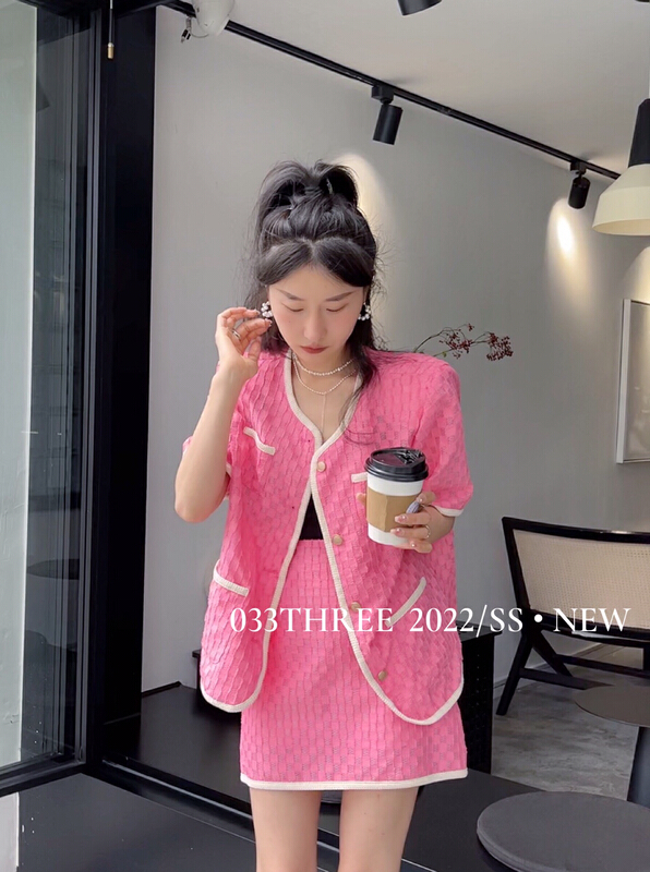 New in early summer! [033three] Korean high waist skirt + round neck short sleeve top set 8087-1# ozq