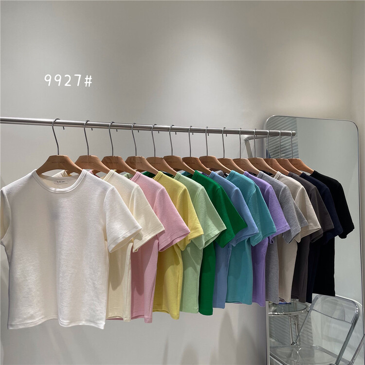 14 color waffle short sleeves! [fifth moon] simple Japanese style versatile solid short sleeve T-shirt 9927# CLS