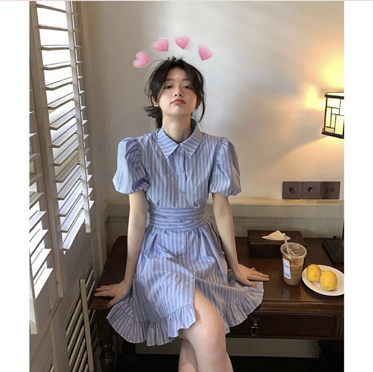 New in early summer! [by] striped bubble sleeve small man Ruffle waist shirt dress 595# Cl
