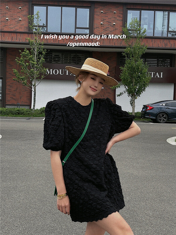 [open] simple temperament bubble sleeve short dress 3629# ozq