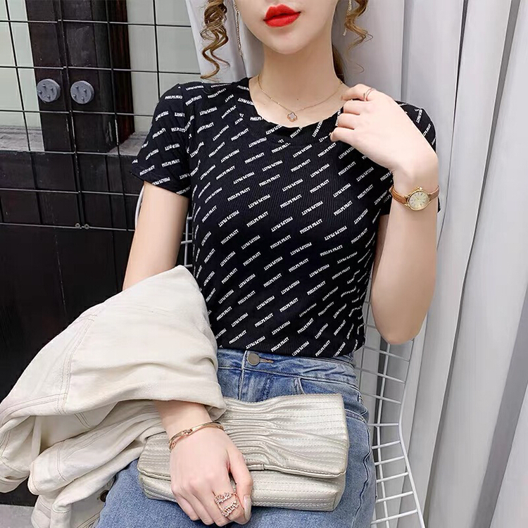 New in early summer! [September] lettered print thread slim fit foreign style short sleeve T-shirt 8831# ozq