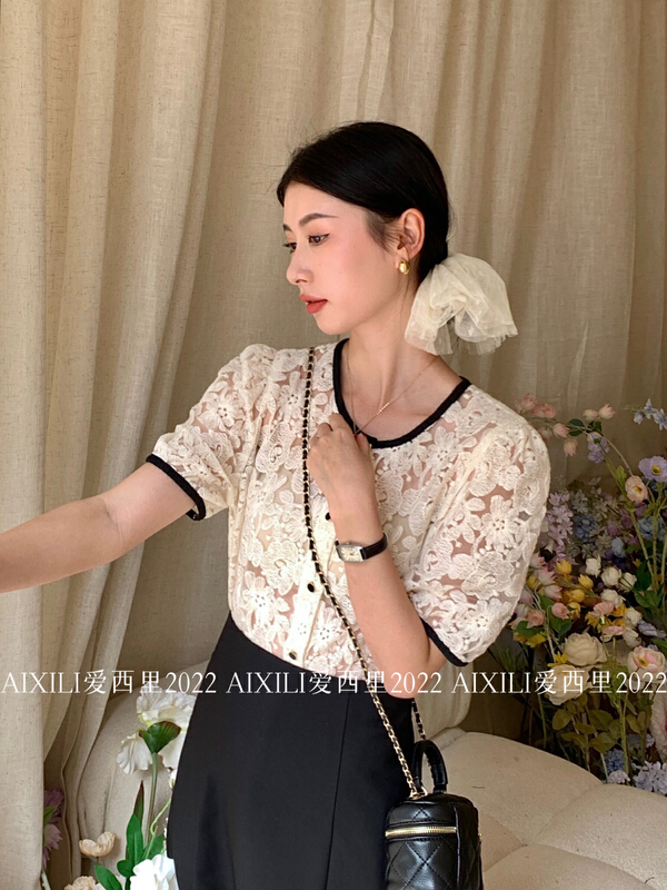 [aixili aisili] round neck lace versatile blouse 6553# WPL
