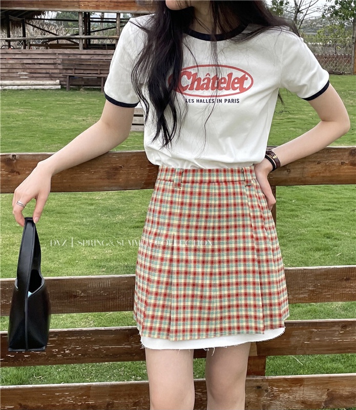 [dvz] Korean versatile pleated plaid skirt 9993# zxx