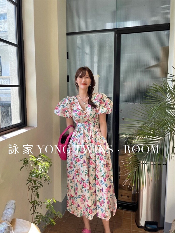 [Yong swimmer] Vintage flower Pleated Dress 975# WTT