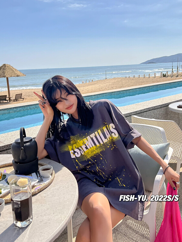 goods in stock! New in early summer! [fish Yu] trendy letter printed loose short sleeve T-shirt 22087# LSL