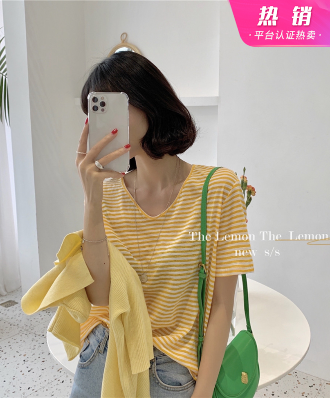 [lemon green tea] Korean stripe V-neck thin short sleeve T-shirt 2195# hjy
