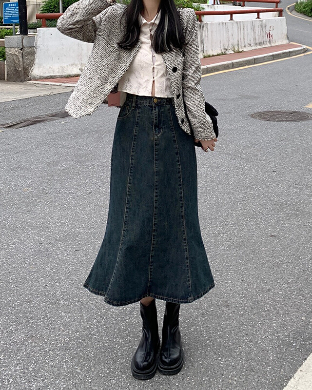 New year in early spring! [four seasons] retro minority stitched denim fishtail skirt 2918# LSL