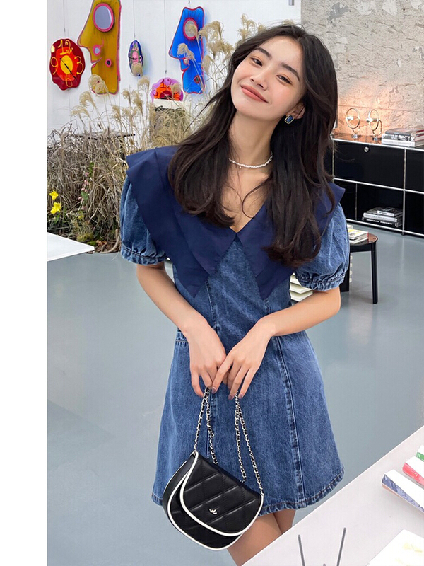 New in early summer! 【 bobi 】 sweet contrast color large lapel design denim dress 8840# hjy
