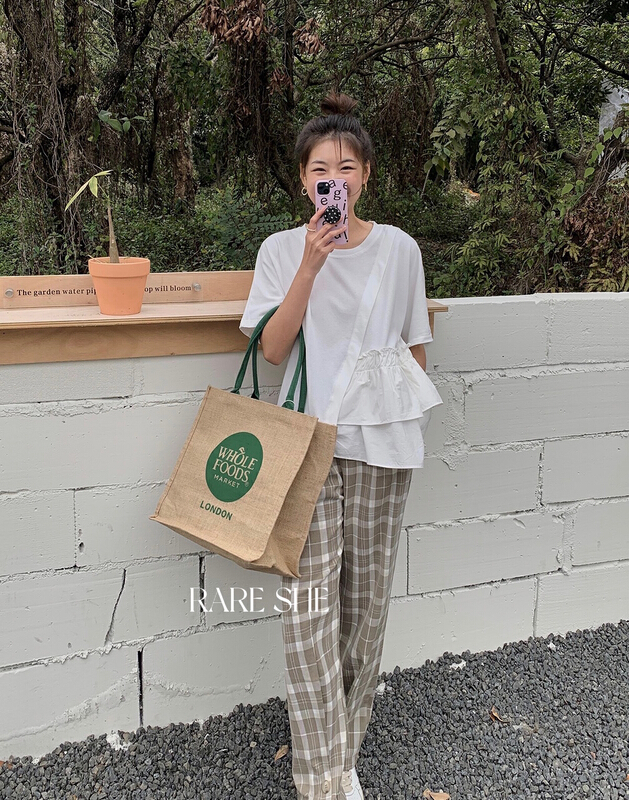 Original price 73.72! New year in early spring! [rare she] Korean versatile Plaid contrast loose casual pants 5067# LSW