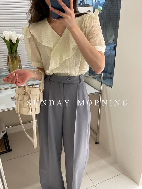 goods in stock! [Sunday morning] Korean version lotus leaf collar double breasted blouse 6965# ZSY