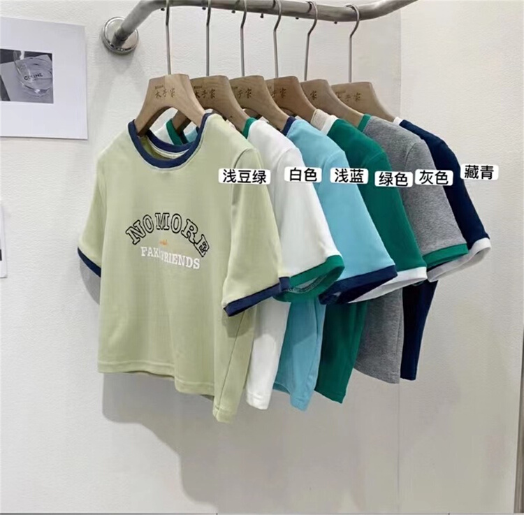 [muzijia] contrast color round neck letter short sleeve T-shirt 66857# XYY