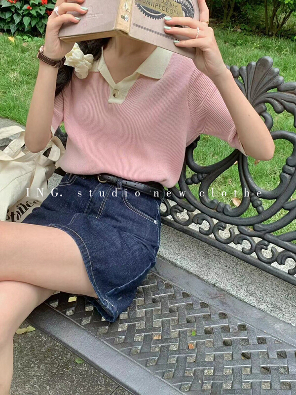 New in early summer! [ing] temperament versatile contrast polo collar Casual Short Sleeve T-shirt w3228# HBx