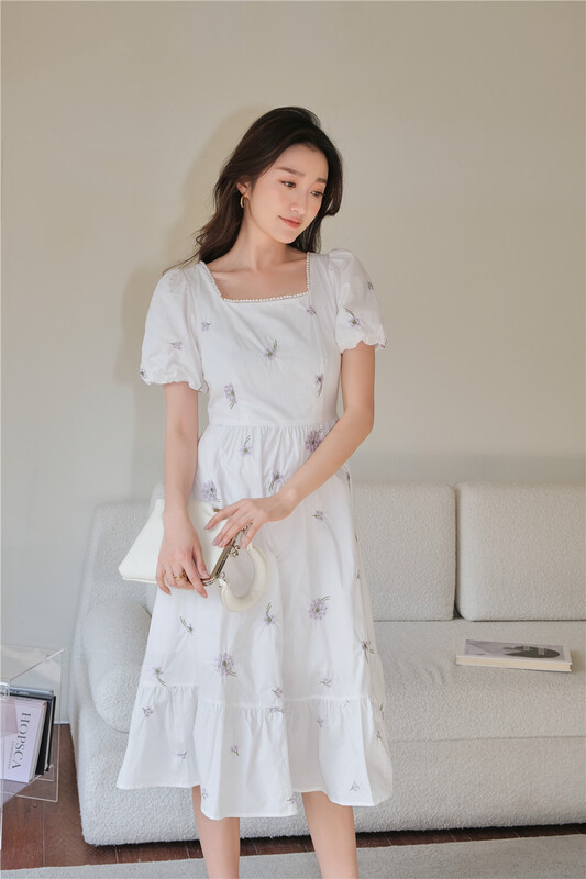 goods in stock! New in early summer! [purple edge] square collar nail bead border temperament embroidery dress 1183-1# zxx