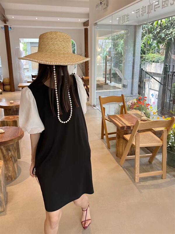 New in early summer! [liu-y] stitched Tencel bubble sleeve dress (with bag) 18261# XJ