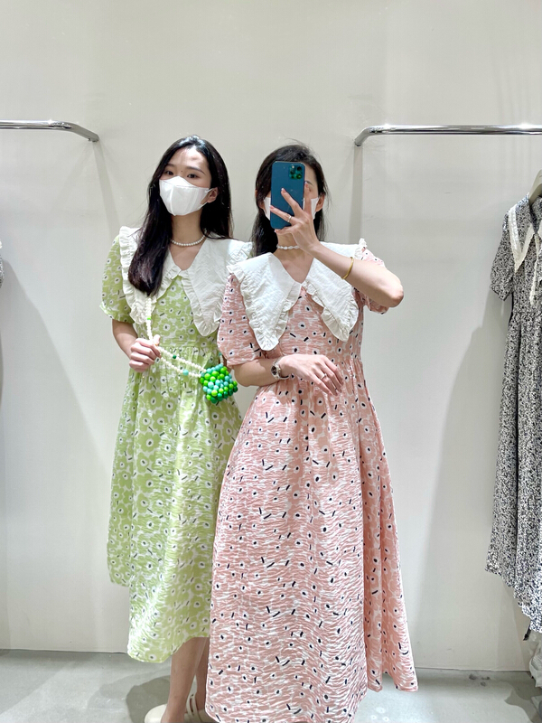 [from. V] Korean floral waist closing bubble sleeve dress 5218-1# ll
