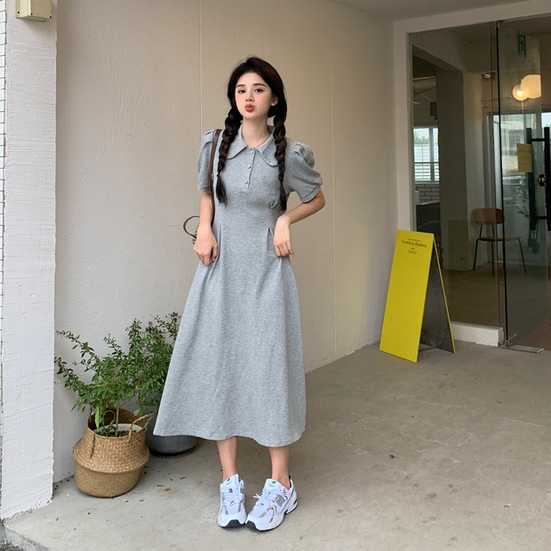[yes] Korean minority design polo collar bubble medium length dress 22055# ozq