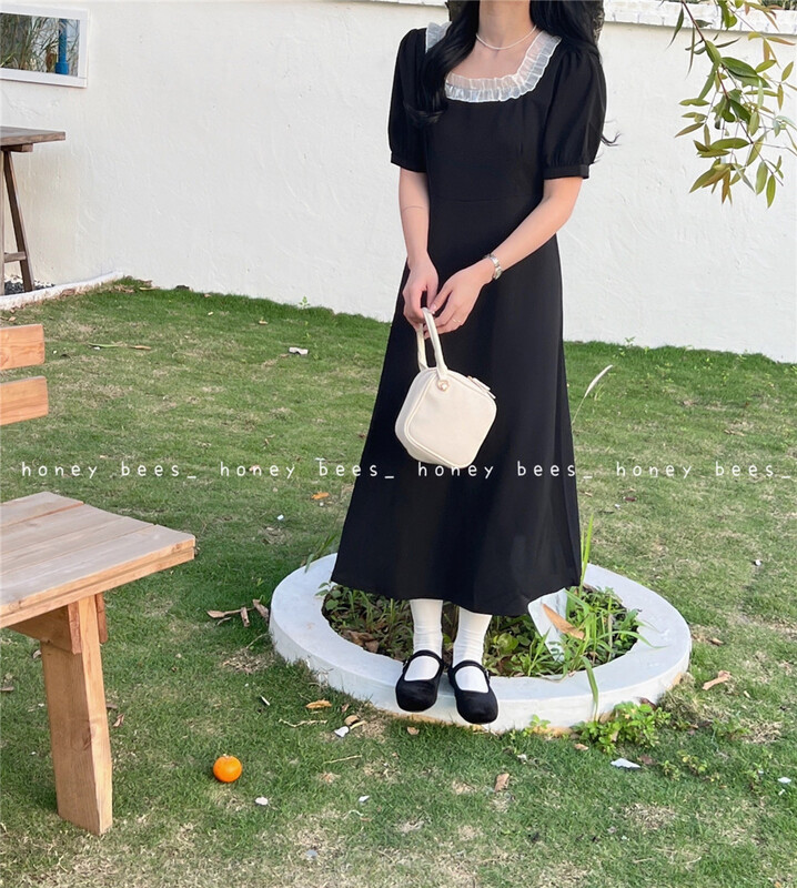 goods in stock! [honeybees] square neck stitched lace lady dress 8875# L