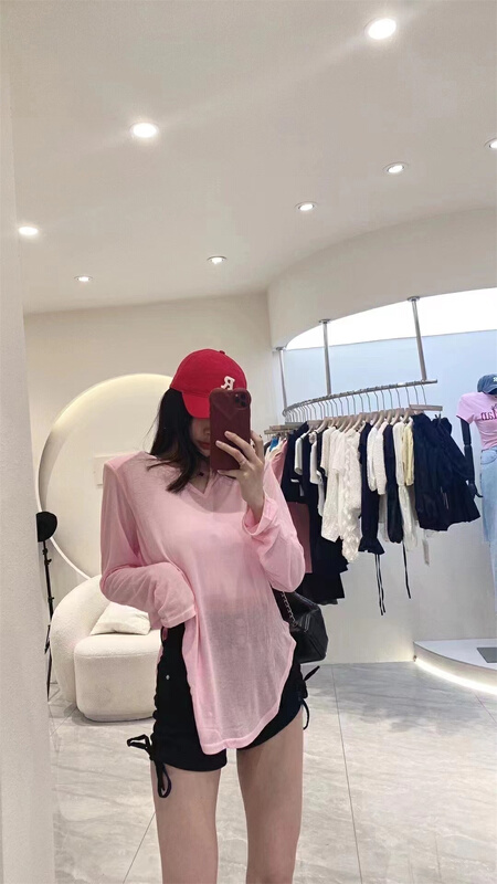 [13C. Studio] solid color loose and versatile breathable V-neck sunscreen shirt 6827# PCZ