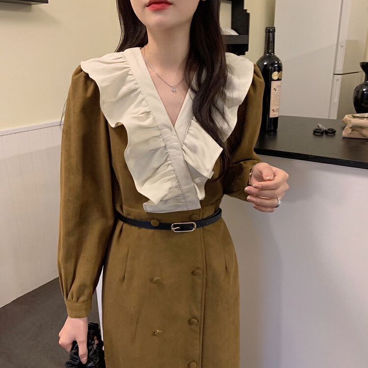 goods in stock! New year in early spring! [timely rain] Korean style ins French temperament V-neck Ruffle contrast color double breasted dress (without belt) ys4-n223# YYW