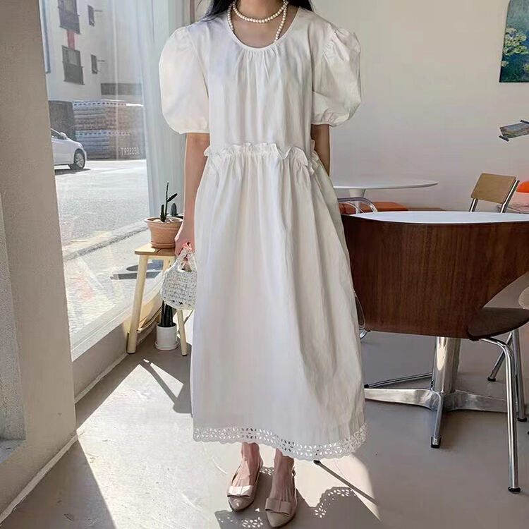 goods in stock! New in early summer! [ISO Korean] French simple round neck temperament fungus edge high waist dress 66116# hjy
