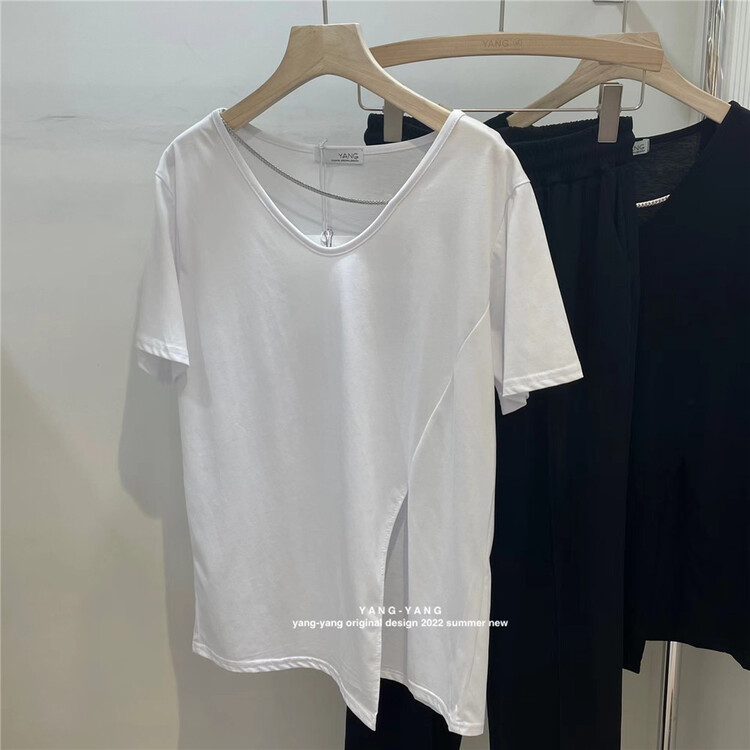 [Yang-Yang] personalized split chain V-neck versatile short sleeve T-shirt c6197# CLS