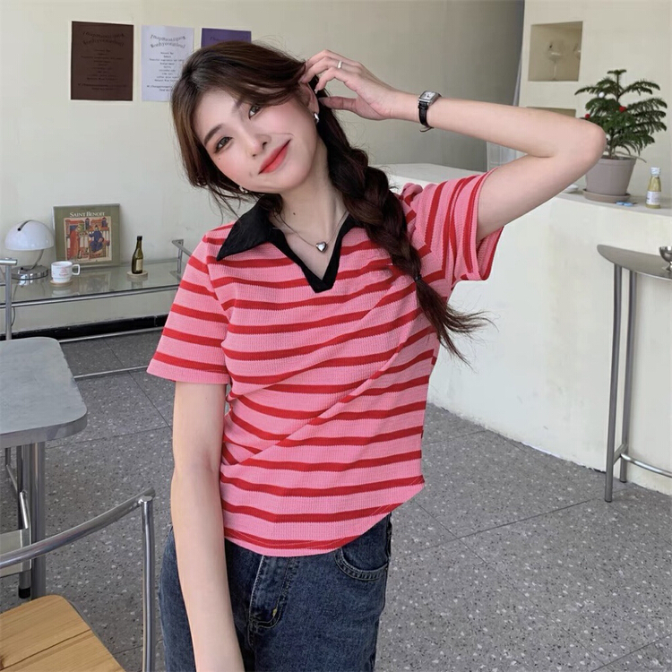 [blue show] Korean color contrast stripe polo collar short sleeve T-shirt 9511# LSW