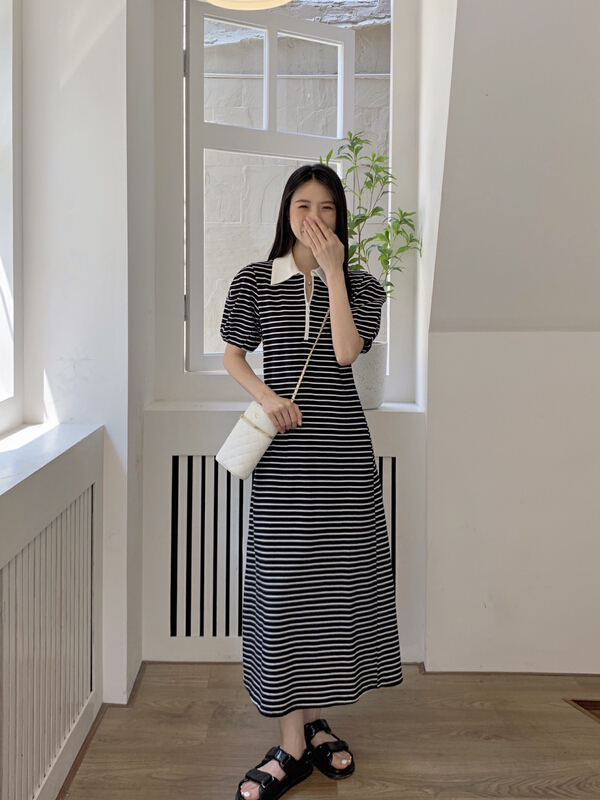 [new open] Korean college style Polo neck Half Zip stripe dress gl22707# zxl