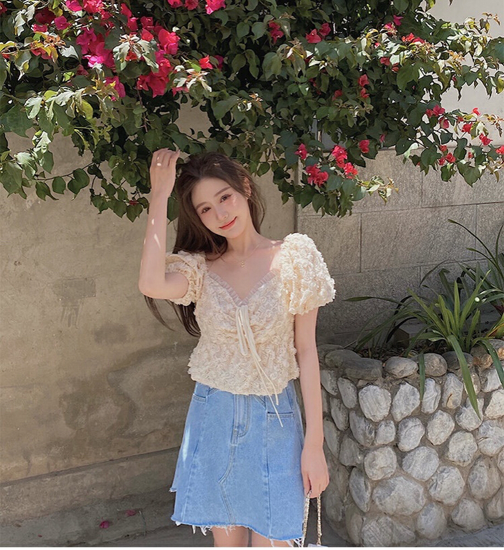 Spring and summer new! [CTT] French romantic Rose Lace temperament short shirt 6672# cqw