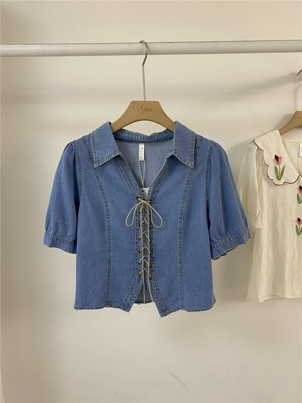 [Aiyi] Korean polo collar denim lace up short sleeved shirt 2309# zxx