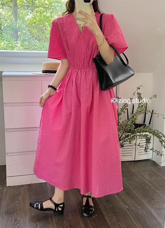 New in early summer! [zingstyle] Korean V-neck waist closing bubble sleeve dress w1261# HBx