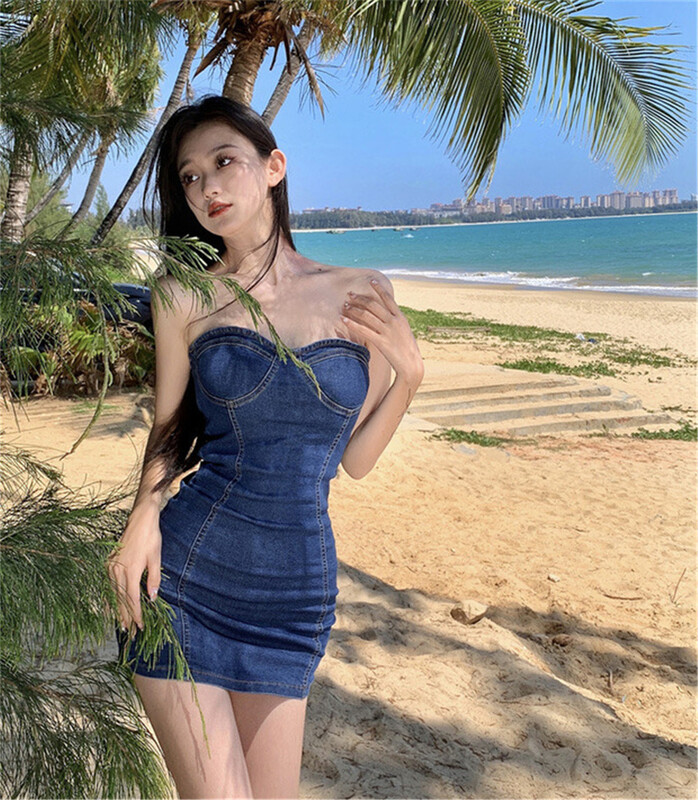 New in early summer! [d.ffstudio] sexy denim strapless dress ys2-8803# WTT