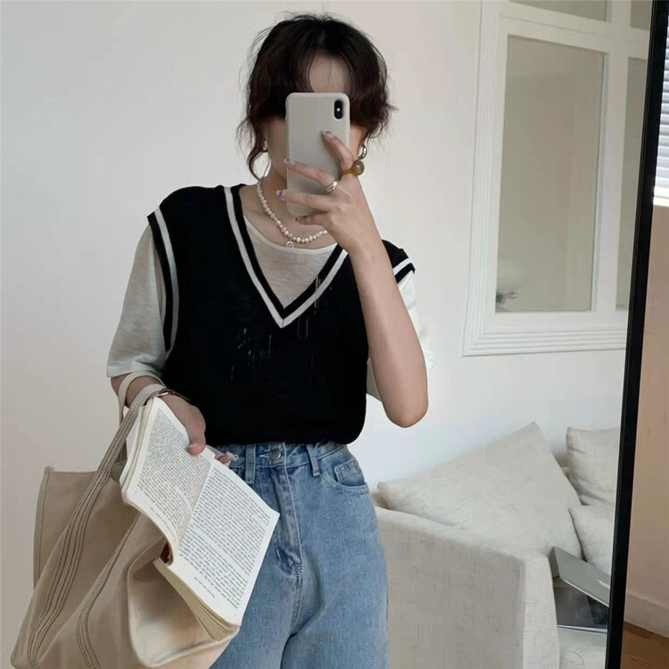New in early summer! [da. C] Korean color matching fake two versatile short sleeve T-shirts 69911# CSX