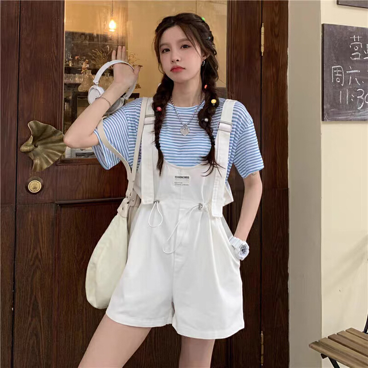 [jun.t] loose stripe sunscreen T-shirt + casual wide leg suspender suit 6036# PCZ