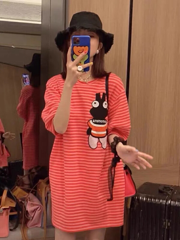 [jun.t] Korean version big eye rabbit embroidered stripe T-shirt dress 6005# PCZ