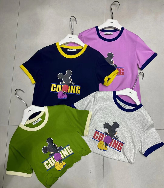 【E】 Korean color contrast Mickey print short sleeve T-shirt 18086# XYY