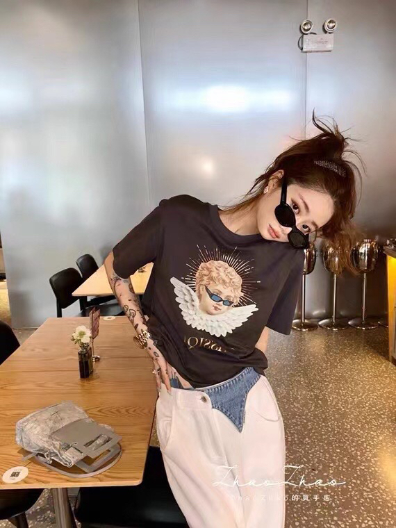 New in early summer! [x · h studio] Vintage cartoon printed Angel versatile short sleeve T-shirt 06037# ozq