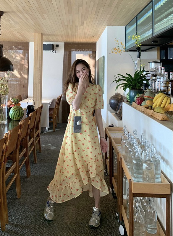 goods in stock! New in early summer! [savage] V-neck lace up waist fishtail Floral Chiffon Dress e6930# WPL