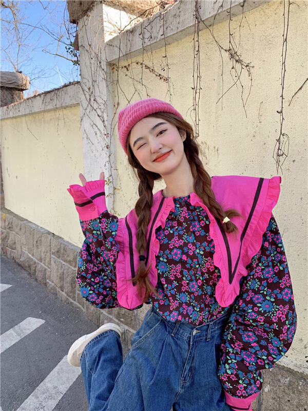 New year in early spring! [timely rain] Han Feng ins sweet heavy industry baby shirt design sense Navy collar foreign style shirt 57211# YYW