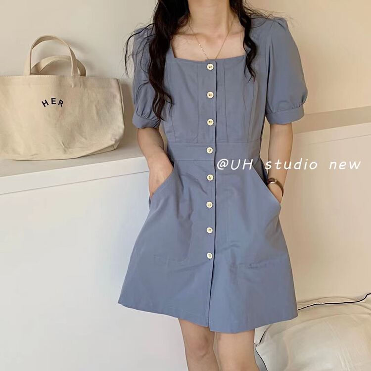 New in early summer! [uh] Korean style square neck with slim temperament and waist closing dress 7768# hjy