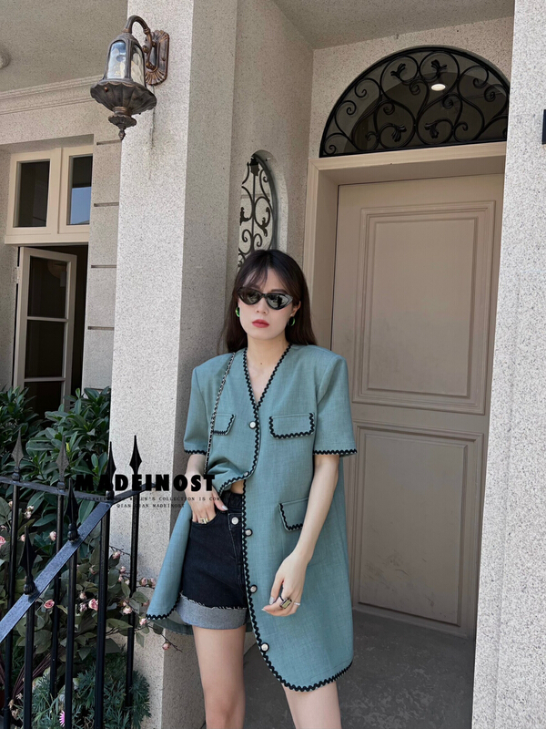 [OSHA madeinost] small fragrance color contrast retro suit short sleeved dress 86278# ll