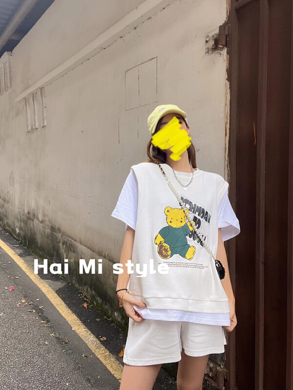 New in early summer! [Haimi] Korean casual bear print short sleeve T-shirt + Elastic Waist Shorts Set 1792# WTT